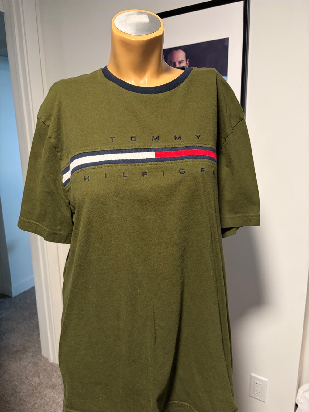 Tommy Hilfiger Olive Green Crewneck Tee with Flag Stripe-XXL